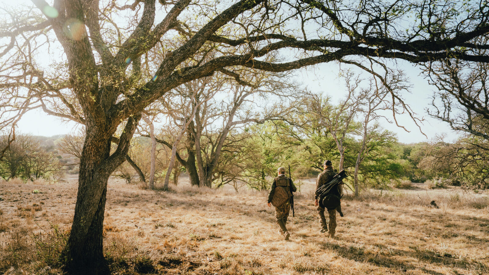 Two men walk in a scrubby landscape