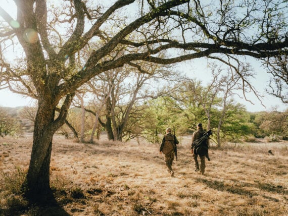 Two men walk in a scrubby landscape