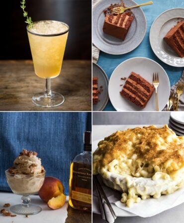 A collage of a drink, slices of cake, ice cream, and mac and cheese