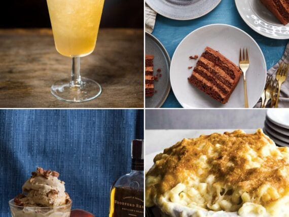 A collage of a drink, slices of cake, ice cream, and mac and cheese