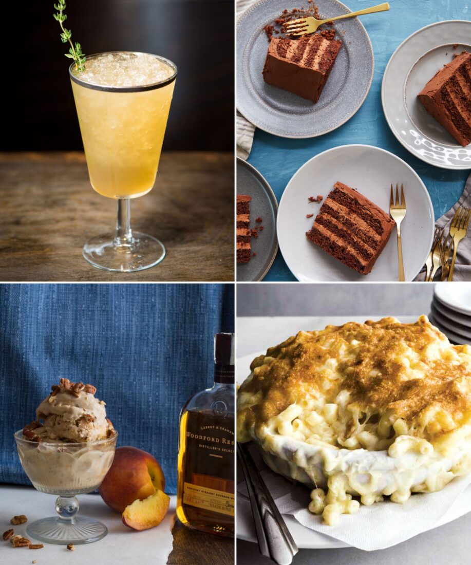 A collage of a drink, slices of cake, ice cream, and mac and cheese