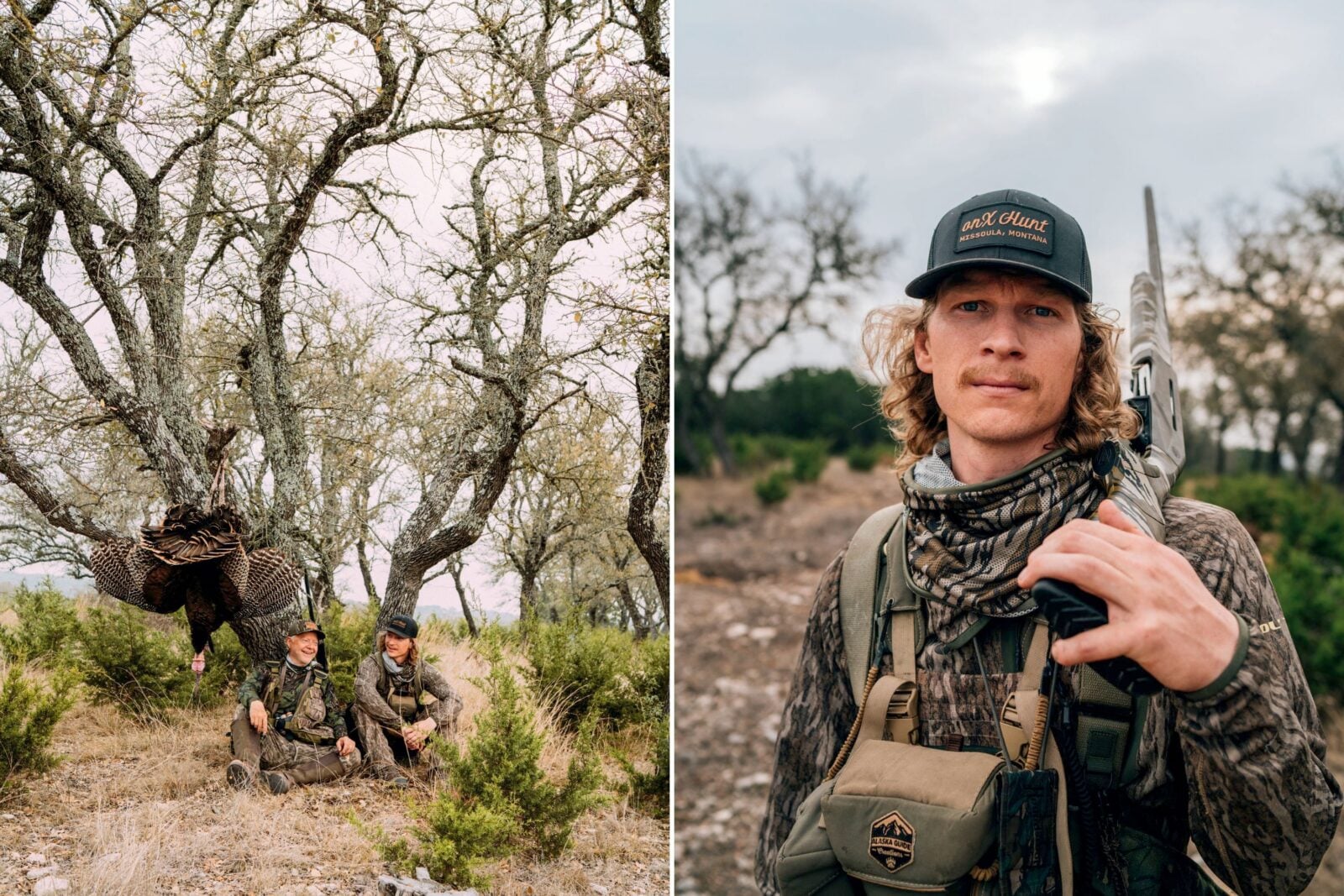Two men with a turkey under a tree; a man with a shotgun