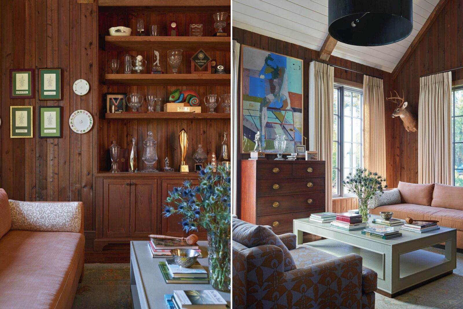 A trophy room with wood bookcases filled with trophies and a painting of a woman