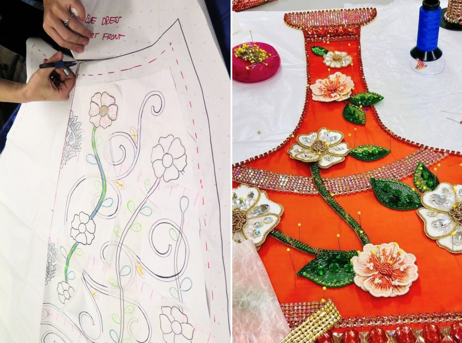 A drawing for a dress on paper; an orange vase on a fabric outline with beaded flowers