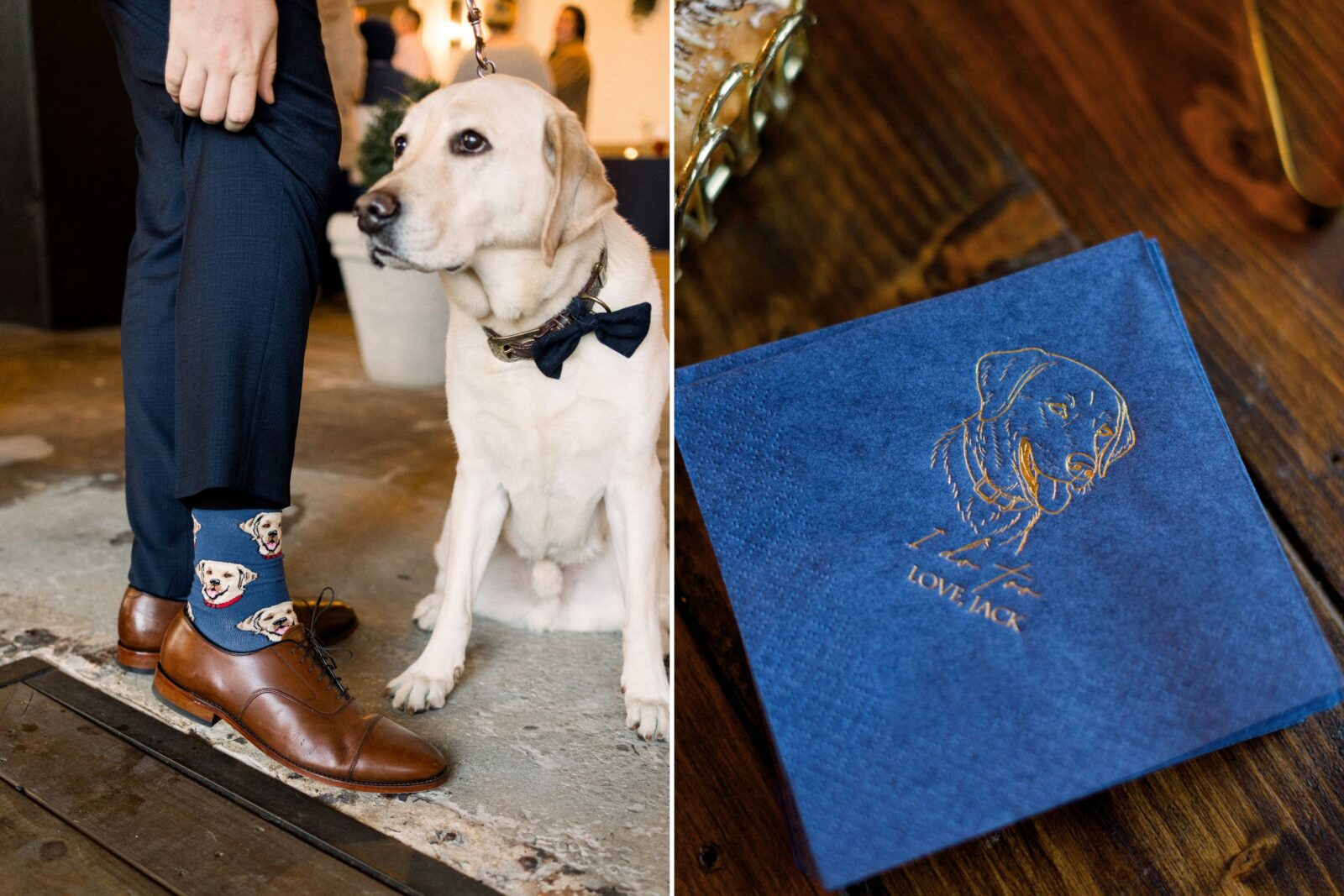 A service dog with a man posing with dog socks; a napkin with a dog on it