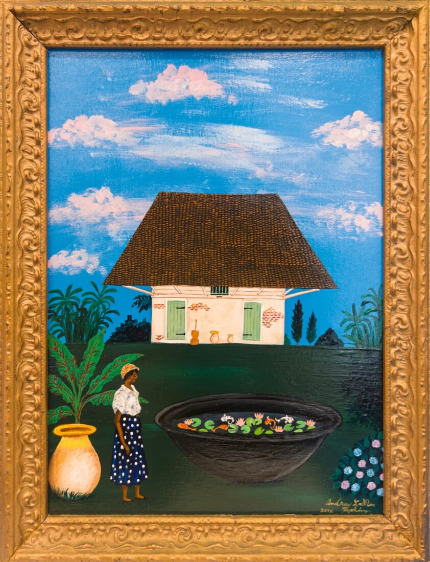 A painting of a woman in front of a house
