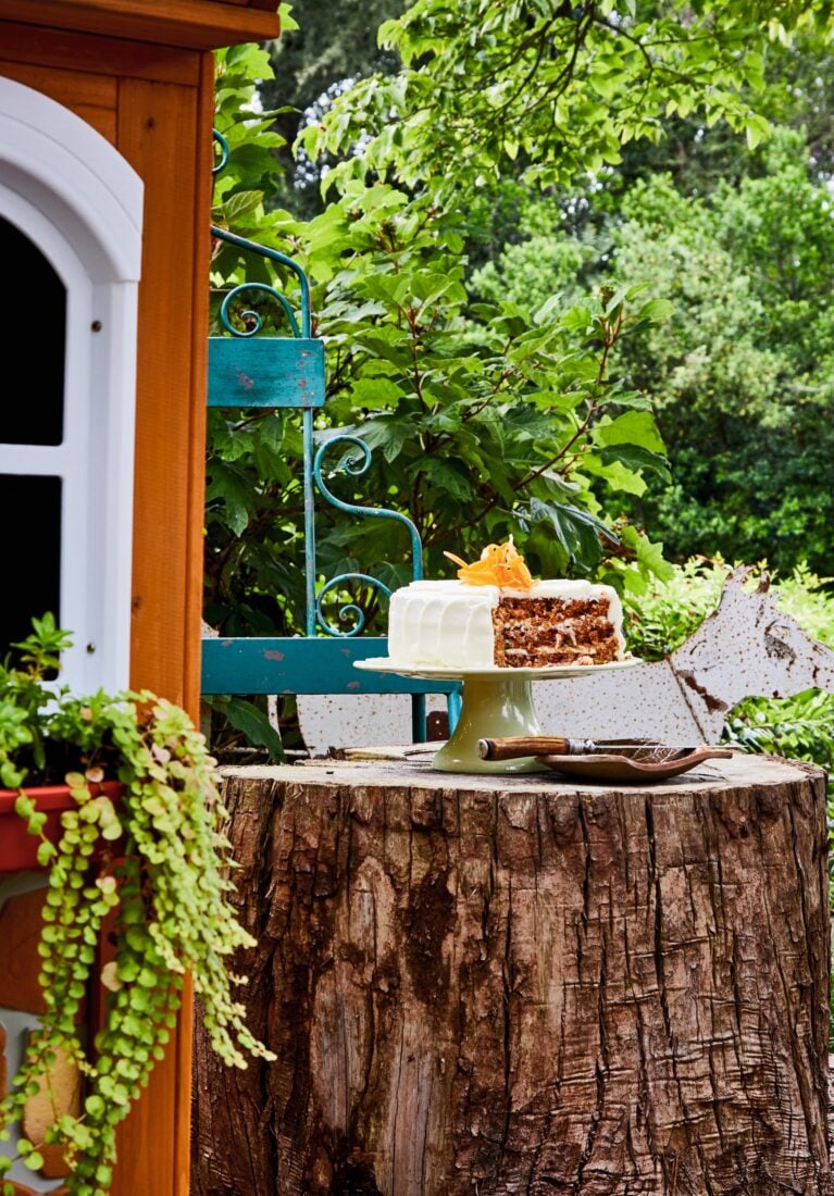 A cake on a outdoor stump