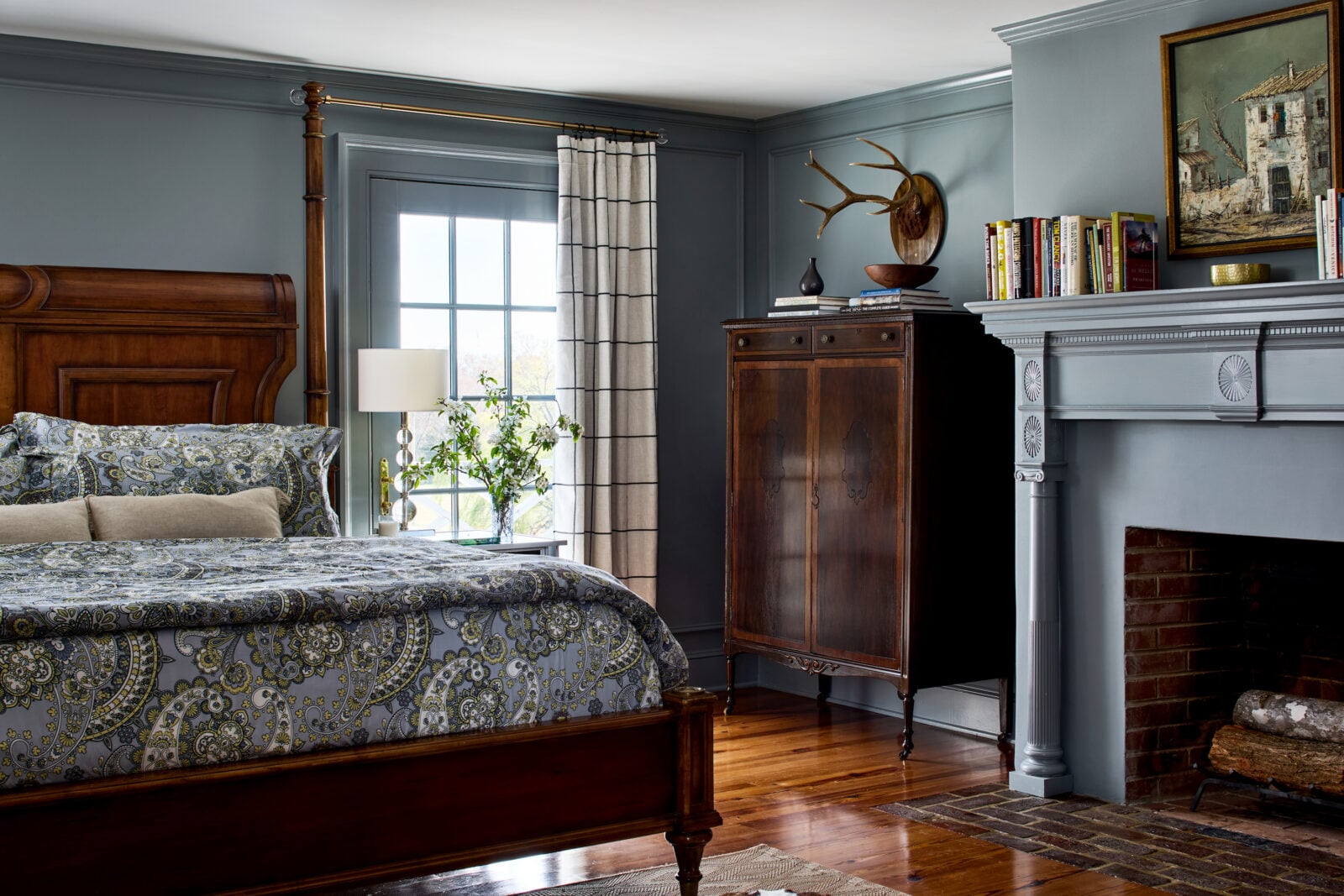 A grey-colored bedroom