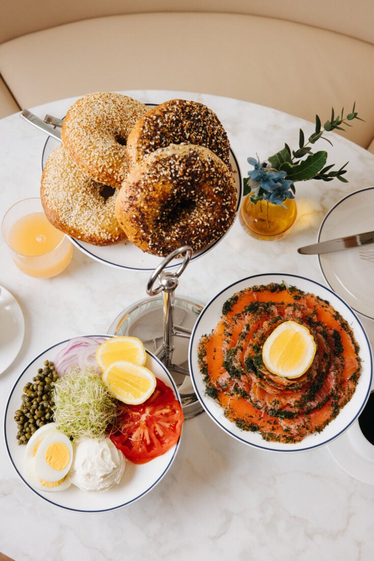 Plates of bagels and cured salmon