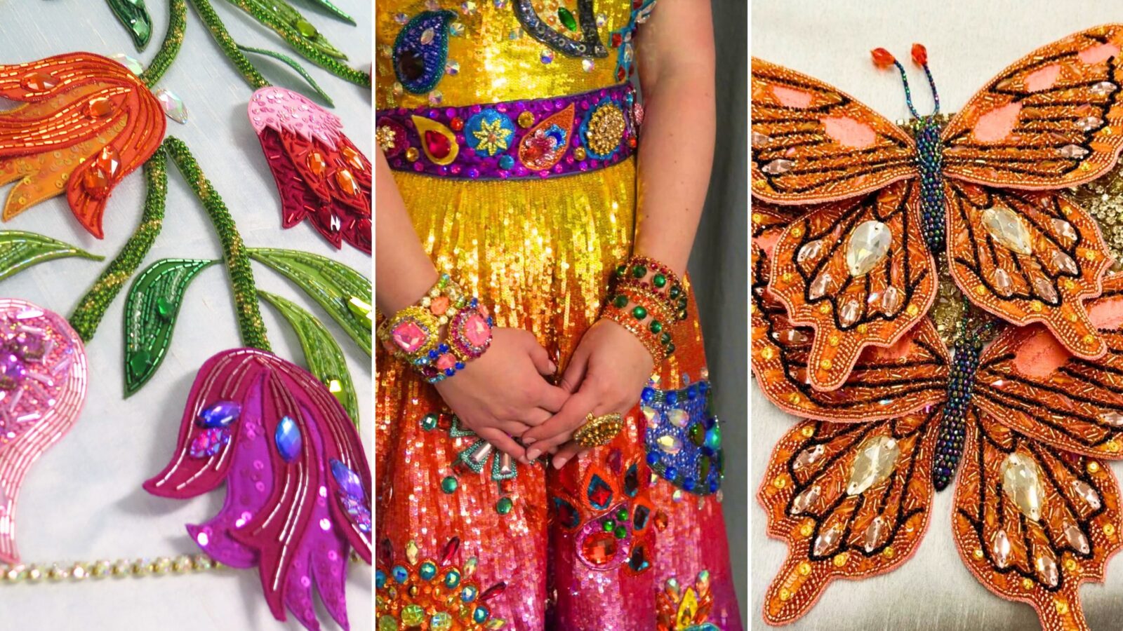 Three images: A detail of beaded tulips on a gown; an ombre-sequined dress; beaded butterflies.