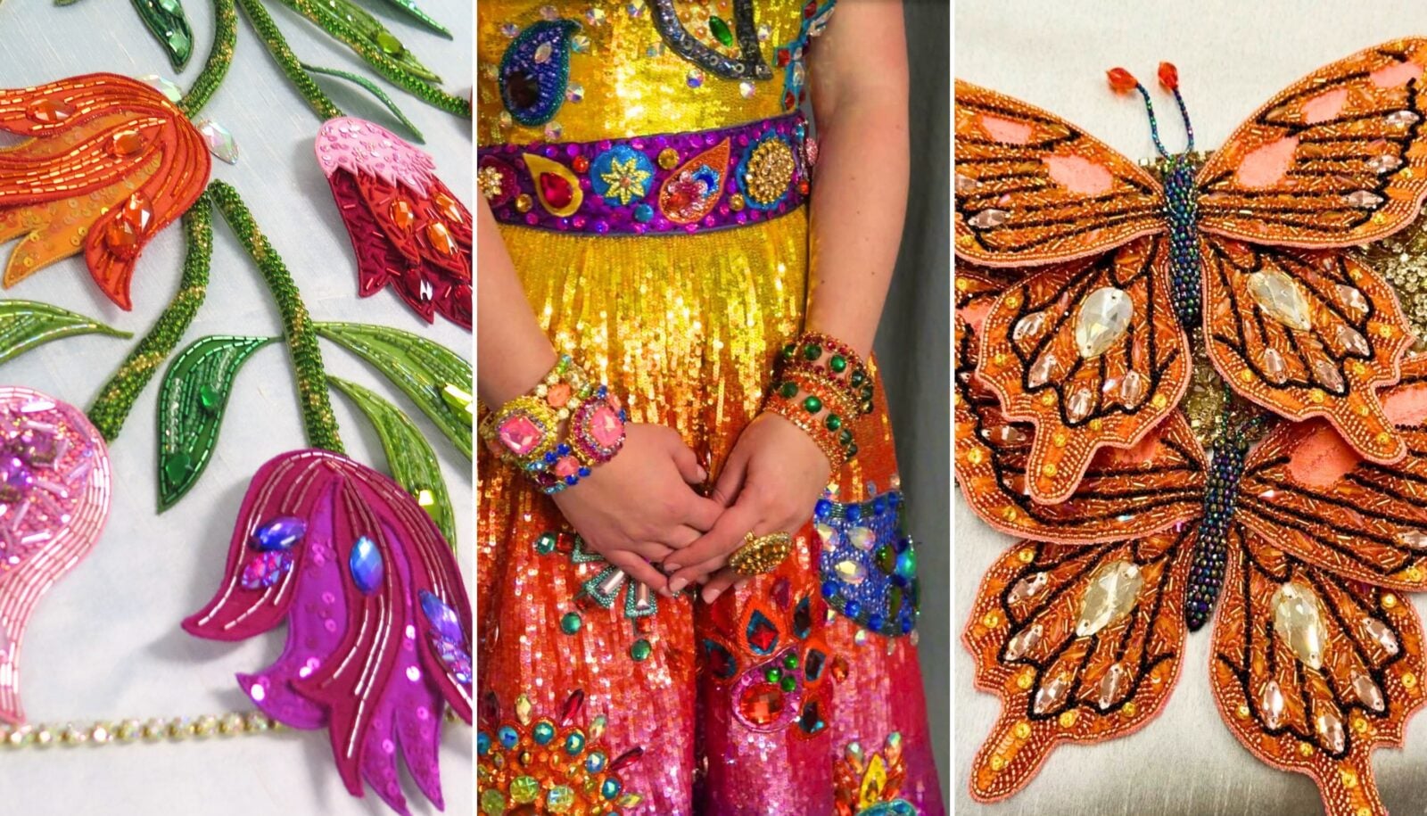 Three images: A detail of beaded tulips on a gown; an ombre-sequined dress; beaded butterflies.