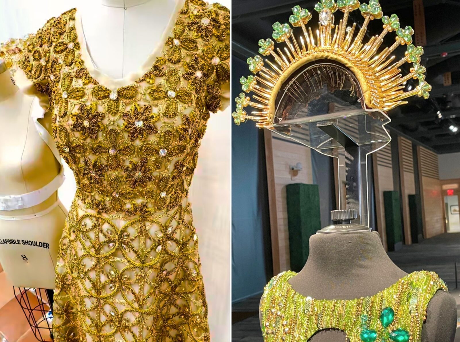 A gold dress; a green dress with a crown