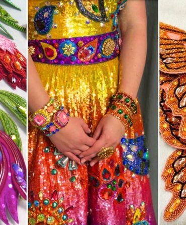 Three images: A detail of beaded tulips on a gown; an ombre-sequined dress; beaded butterflies.