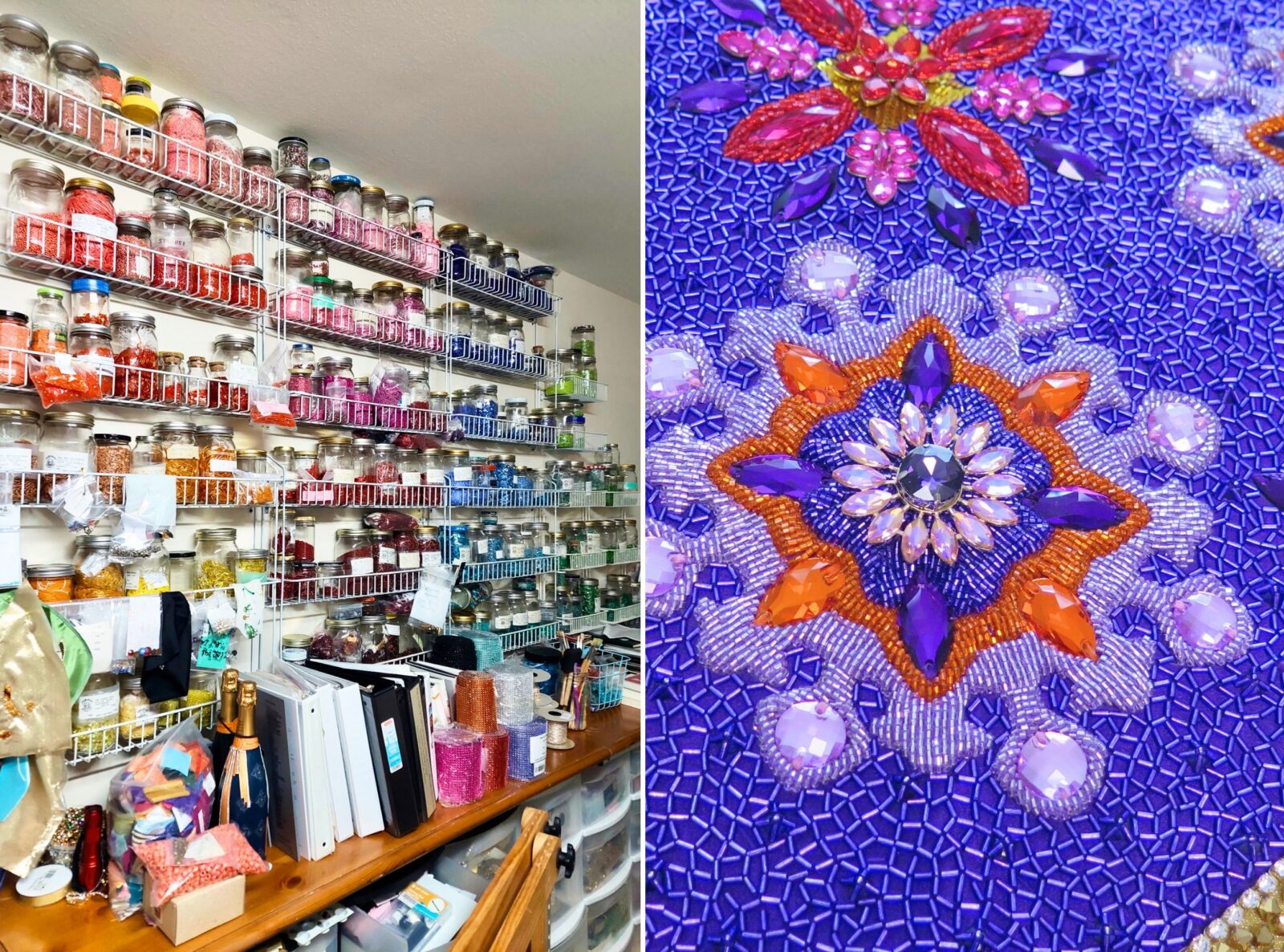 Jars of beads in a studio; intricate patterned beadwork