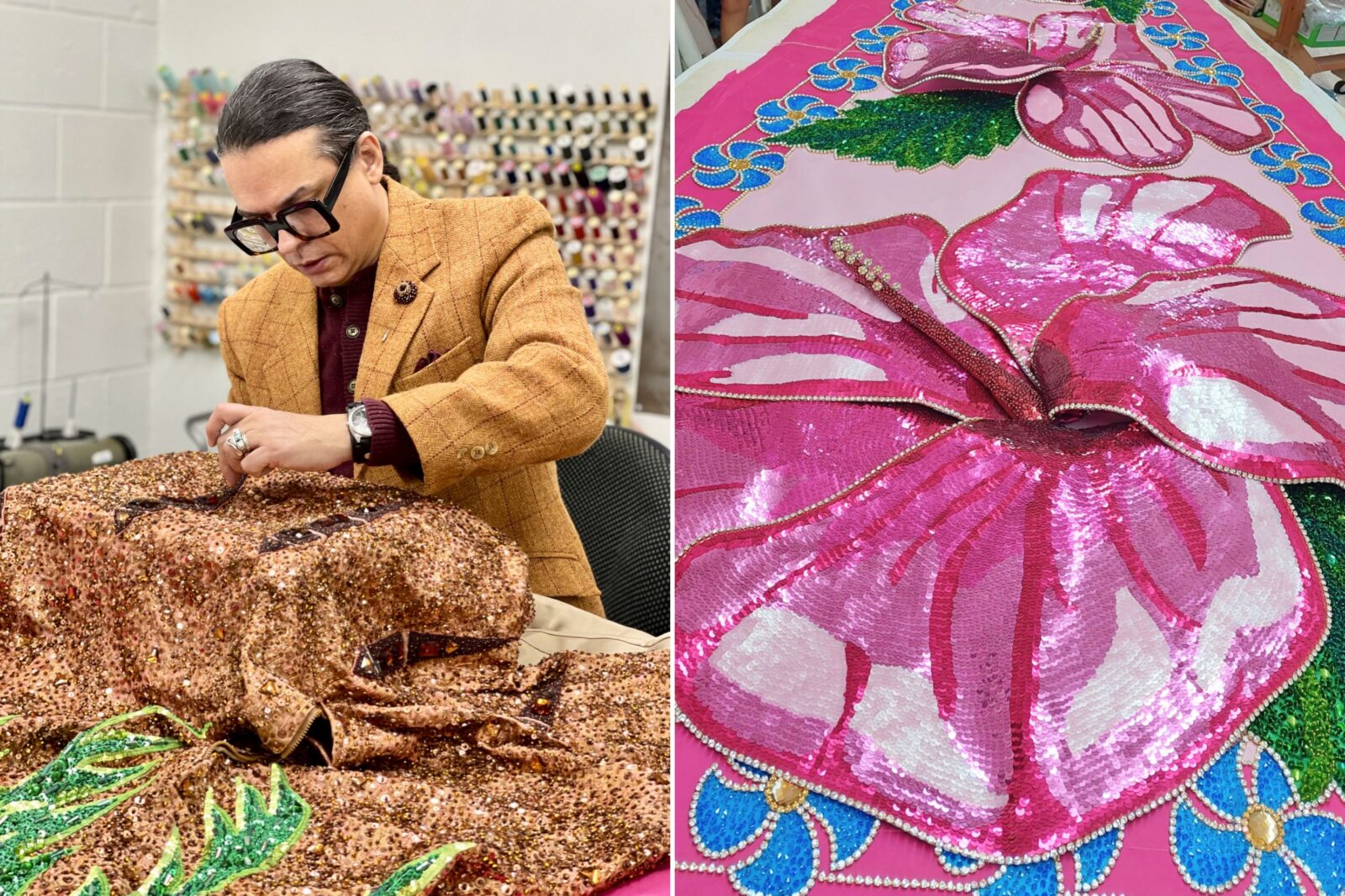 A man sews a garment; a beaded hibiscus