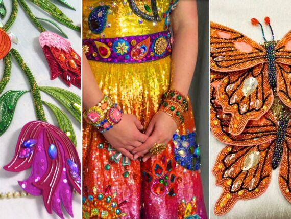 Three images: A detail of beaded tulips on a gown; an ombre-sequined dress; beaded butterflies.