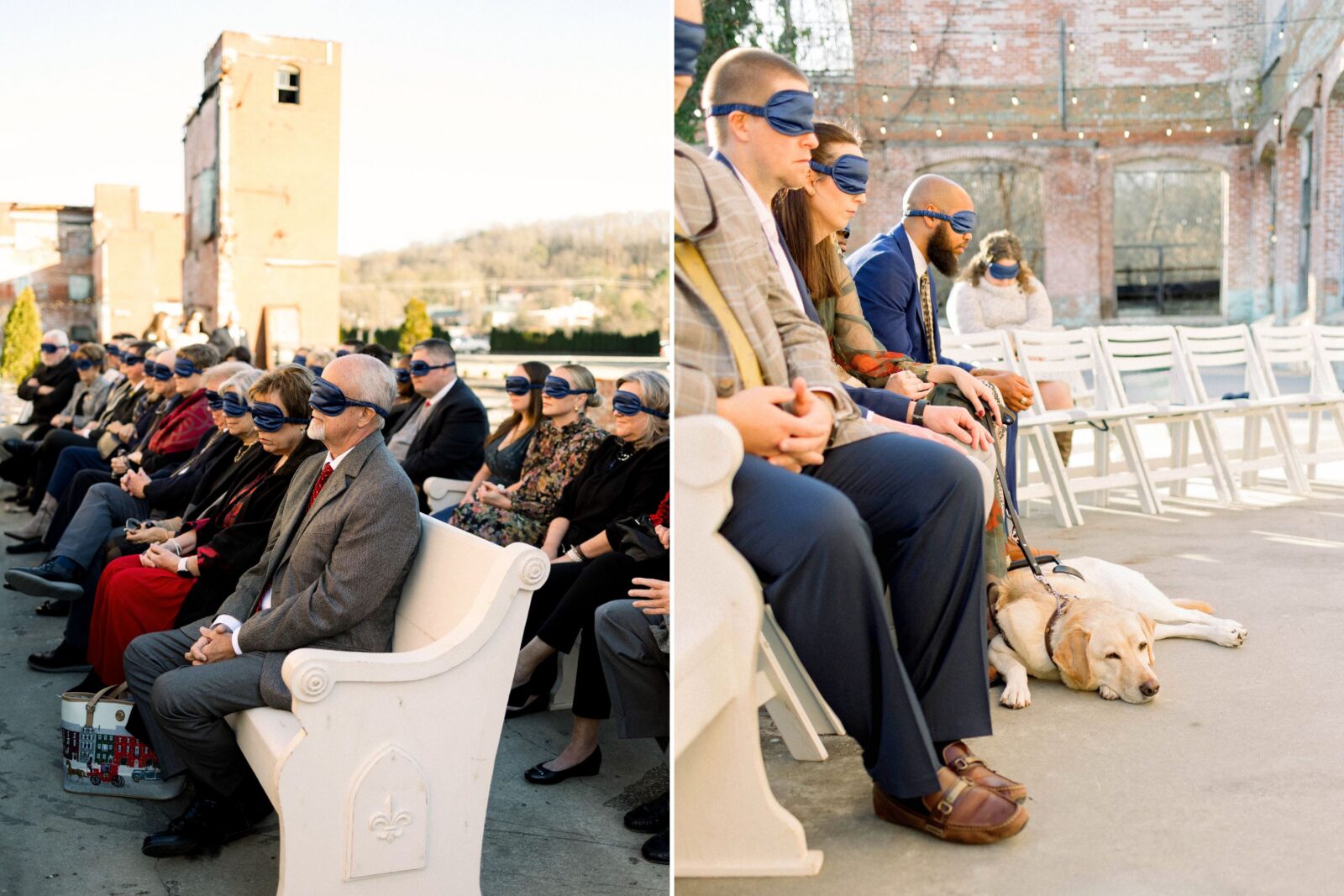 Wedding guests with blindfolds