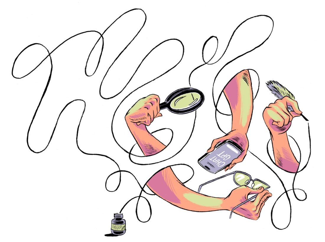 An illustration of ink and hands holding a phone, feather, glasses, and magnifying glass