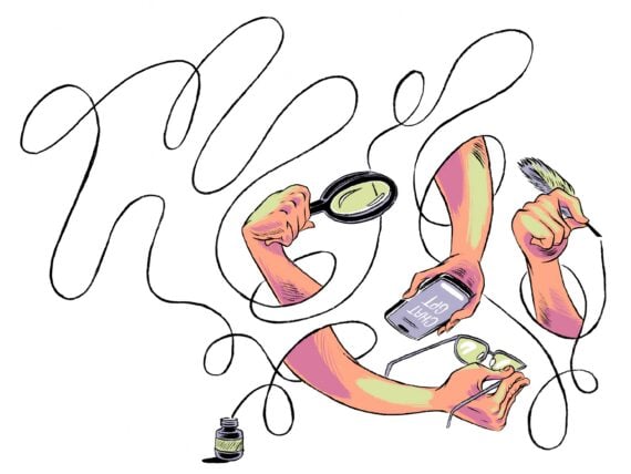 An illustration of ink and hands holding a phone, feather, glasses, and magnifying glass
