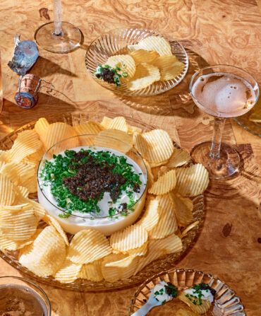 A spread of ruffles and caviar dip