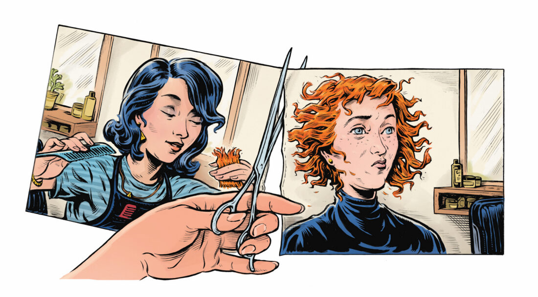 An illustration of a hand cutting a photo of two women in half in a hair salon