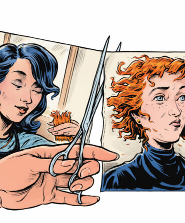 An illustration of a hand cutting a photo of two women in half in a hair salon