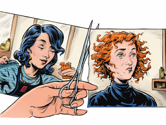 An illustration of a hand cutting a photo of two women in half in a hair salon