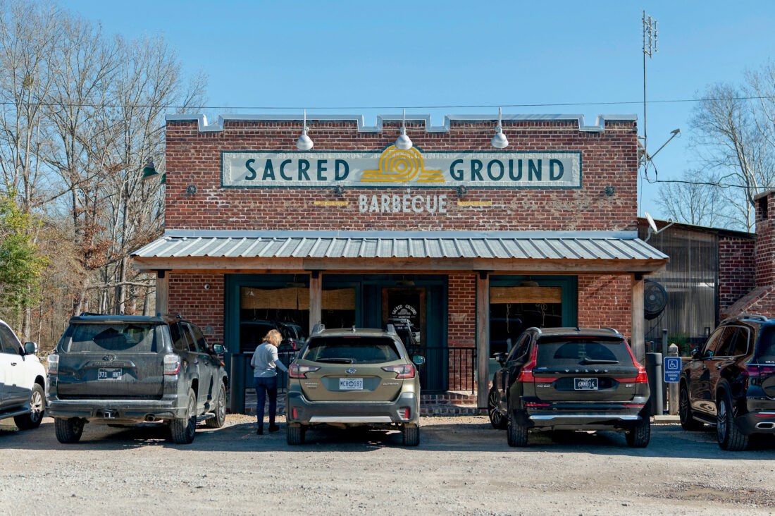 The exterior of a brick building