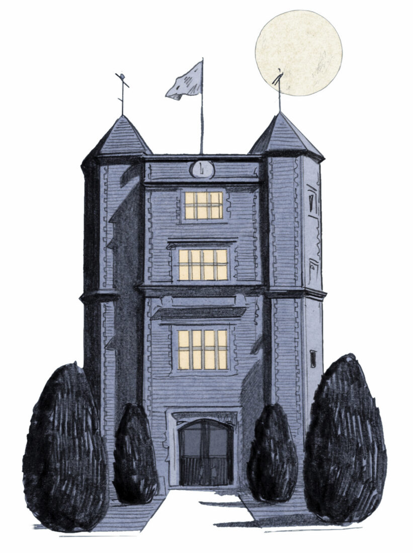 An illustration of a castle with a moon