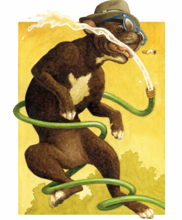 An illustration of a dog with a hat playing with a hose