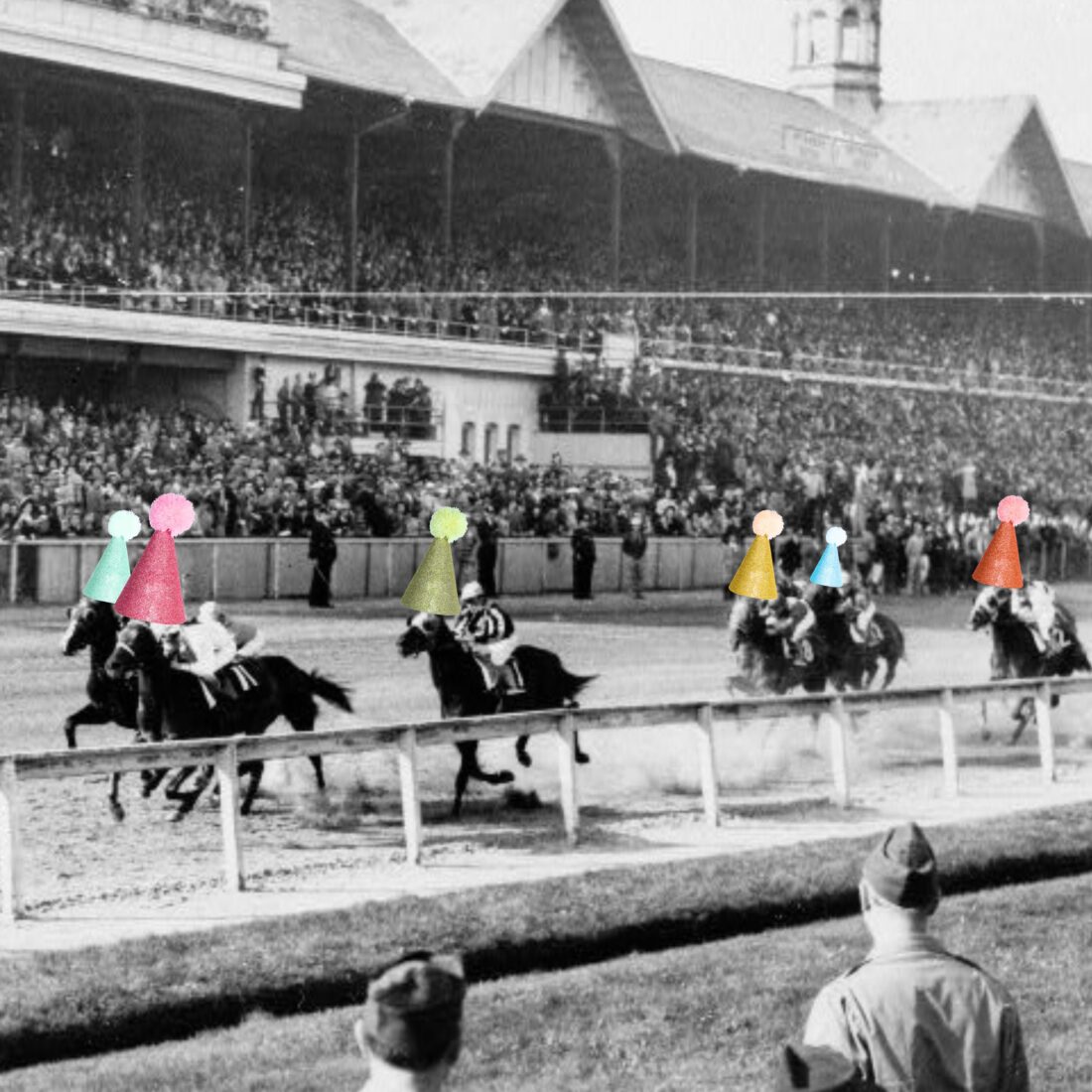 A black and white photo of horses on a racetrack with party hats