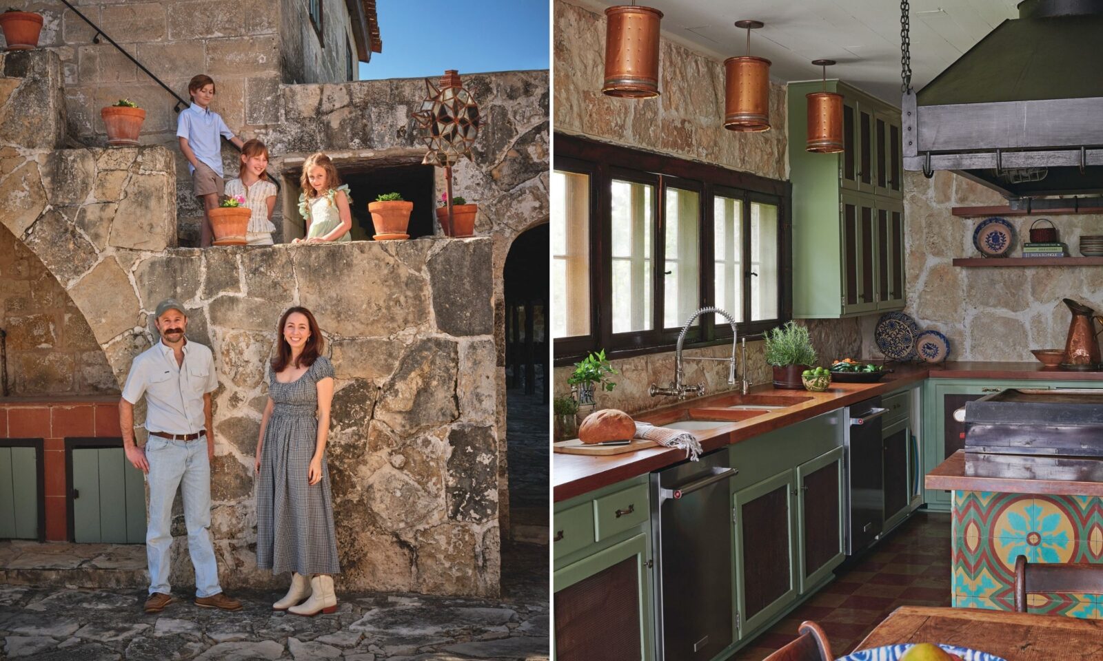 A family photo outside; a green kitchen