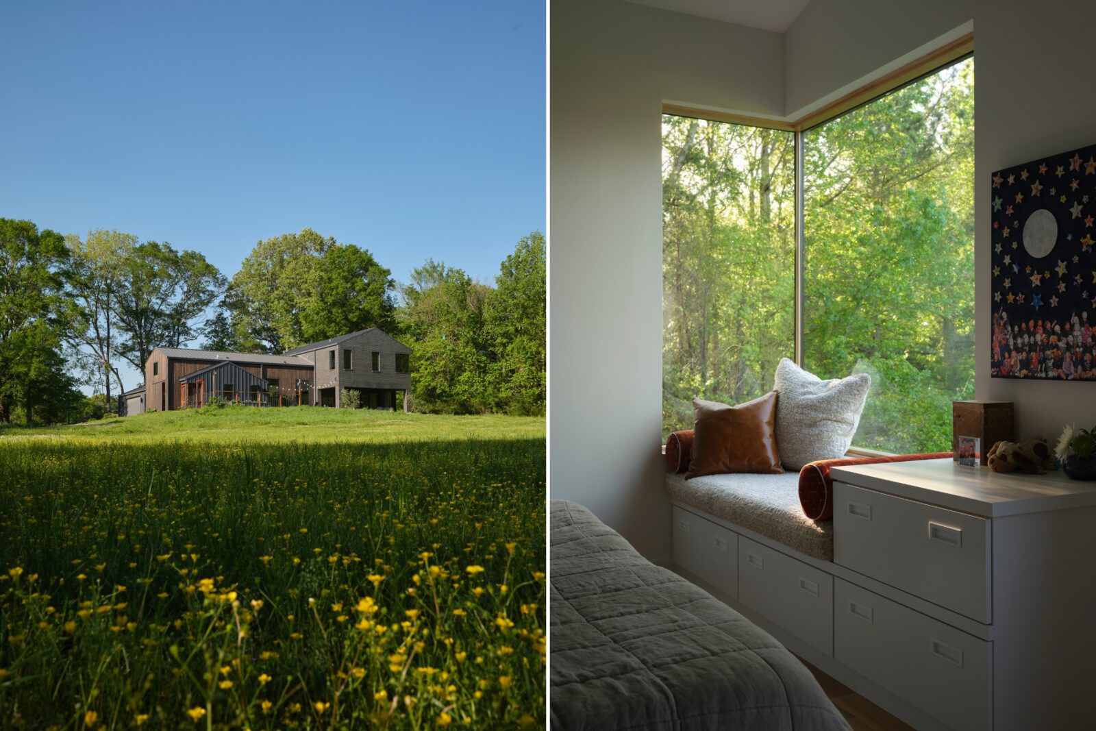 A house with flower-dotted fields; a bedroom nook with a window