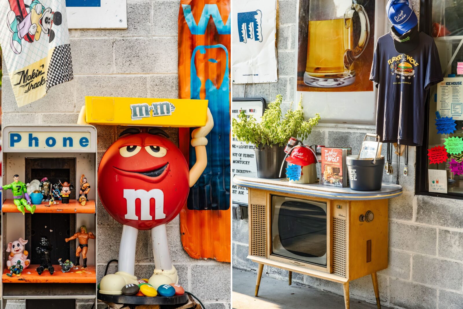 Nostalgic toys perch in a phone booth; an old television acts as a stand for menus and merch.