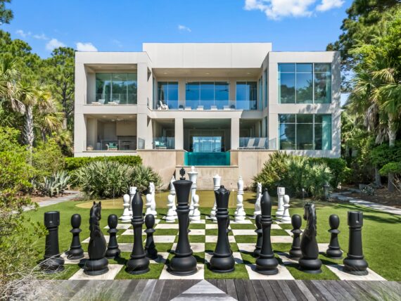 an image of the life-size lawn chess that sits in the backyard of the home