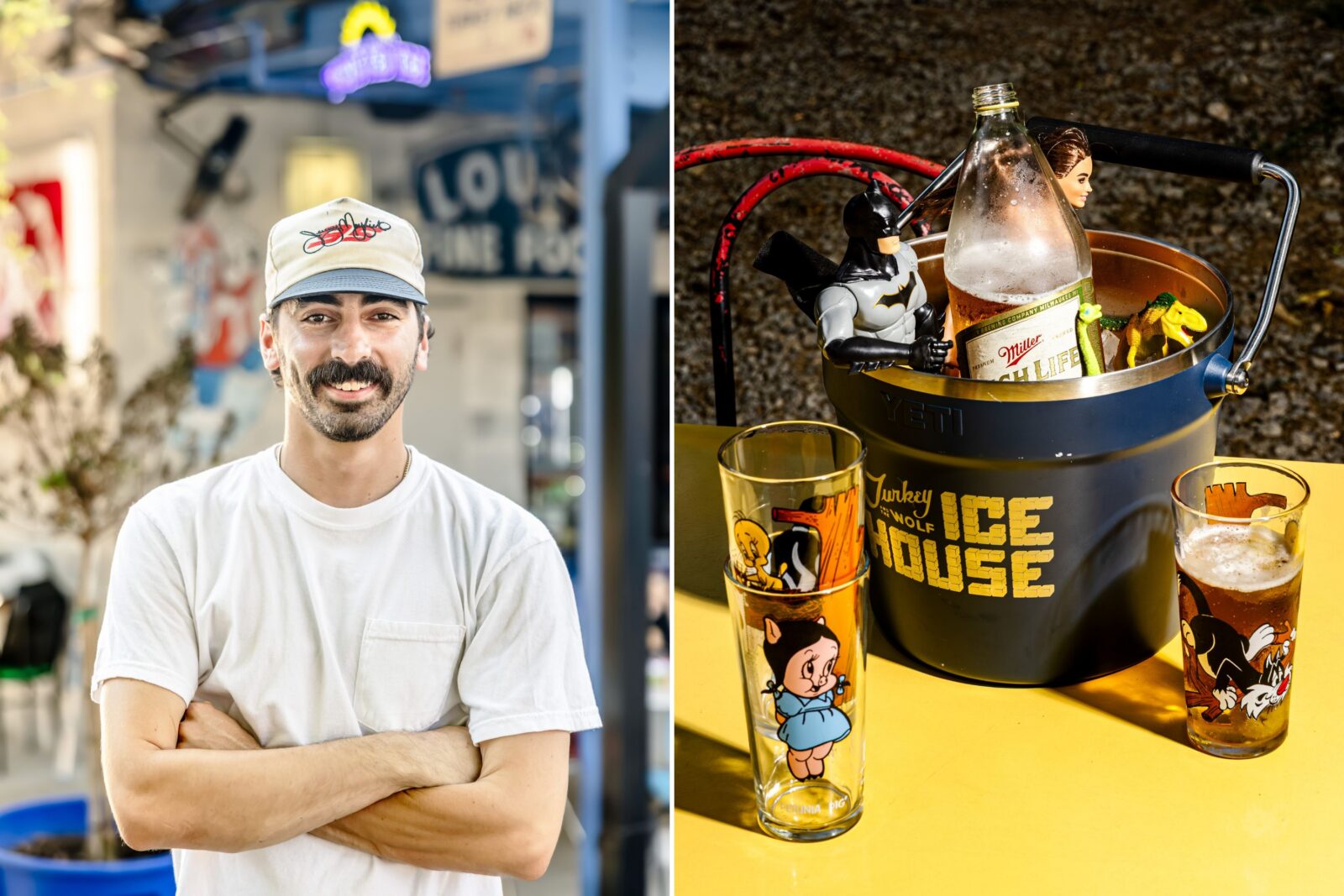 A portrait of a man; a bucket of beers