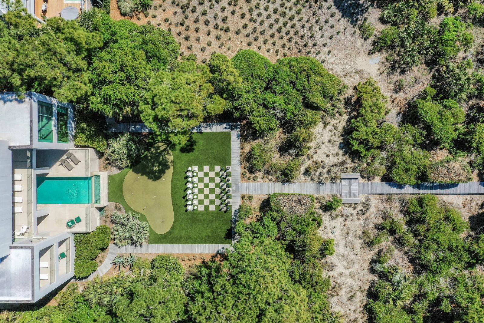 aerial image of the property and life-size lawn chess