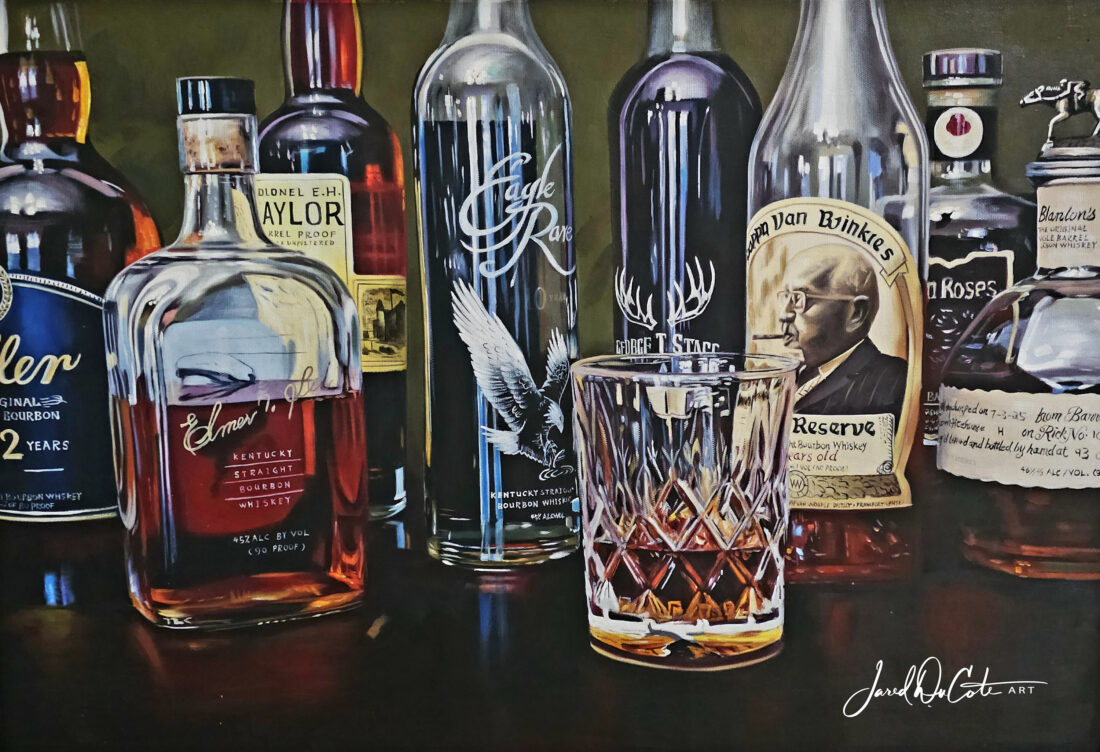 A painting of bourbon bottles