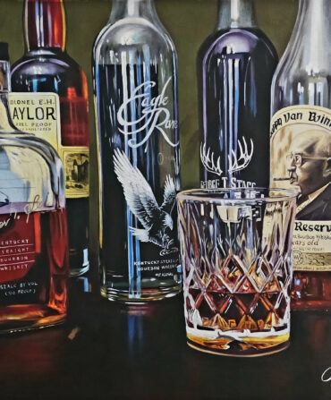 A painting of bourbon bottles