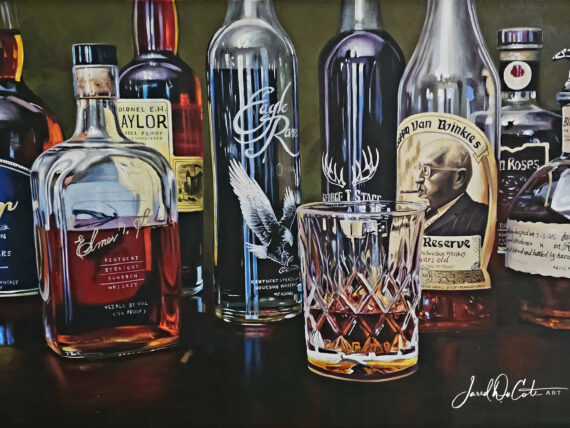 A painting of bourbon bottles