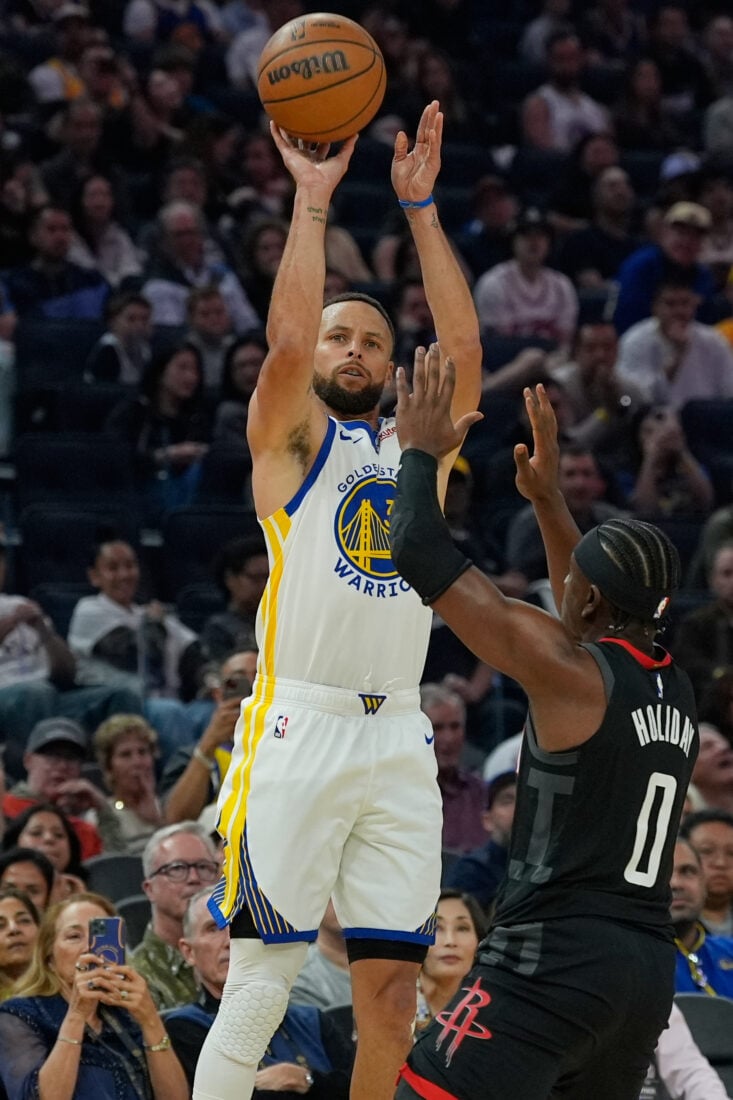Stephen Curry shoots a 3-point basket 