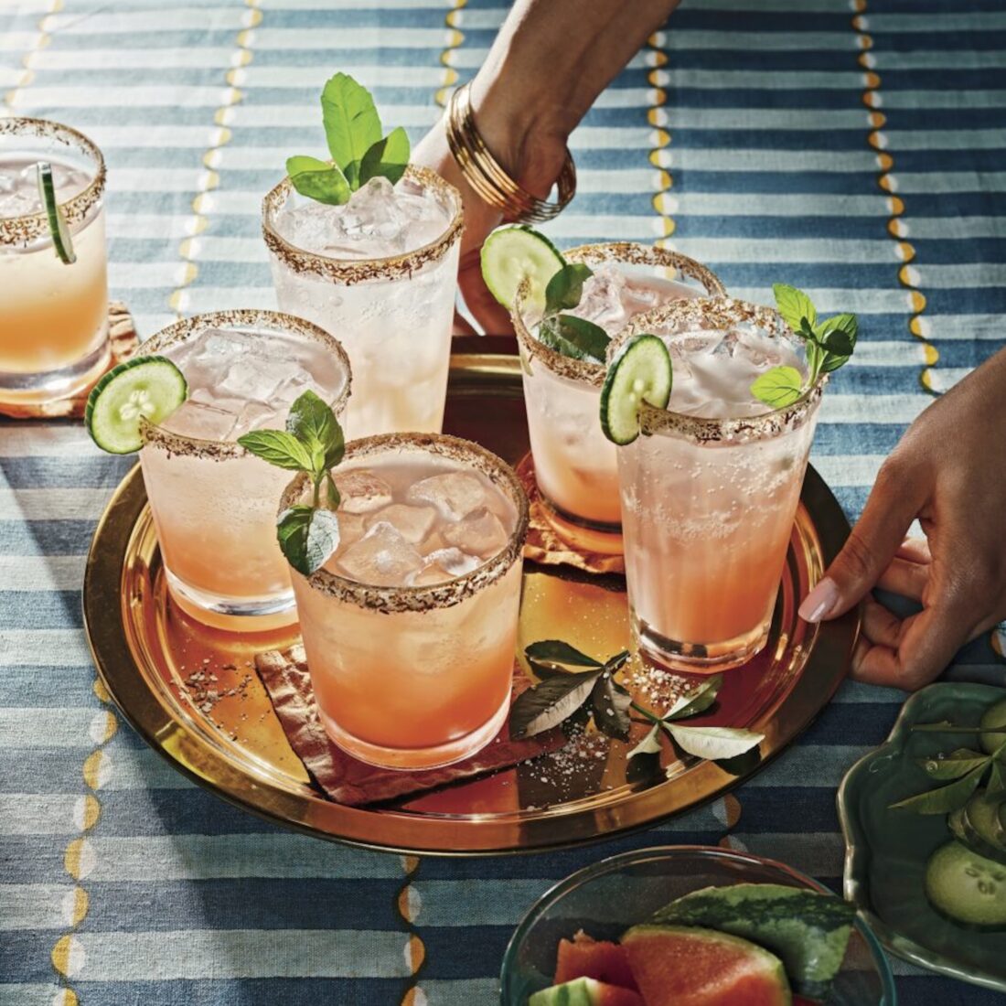 image of watermelon margaritas on a platter with spicy rims