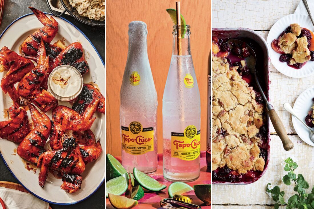 side by side images of chicken wings, topo chico bottles and blackberry cobbler