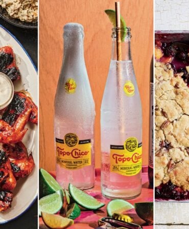 side by side images of chicken wings, topo chico bottles and blackberry cobbler