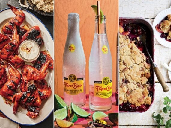 side by side images of chicken wings, topo chico bottles and blackberry cobbler