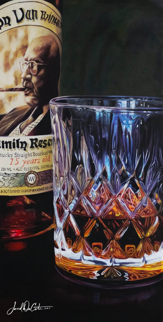A painting of a bourbon glass