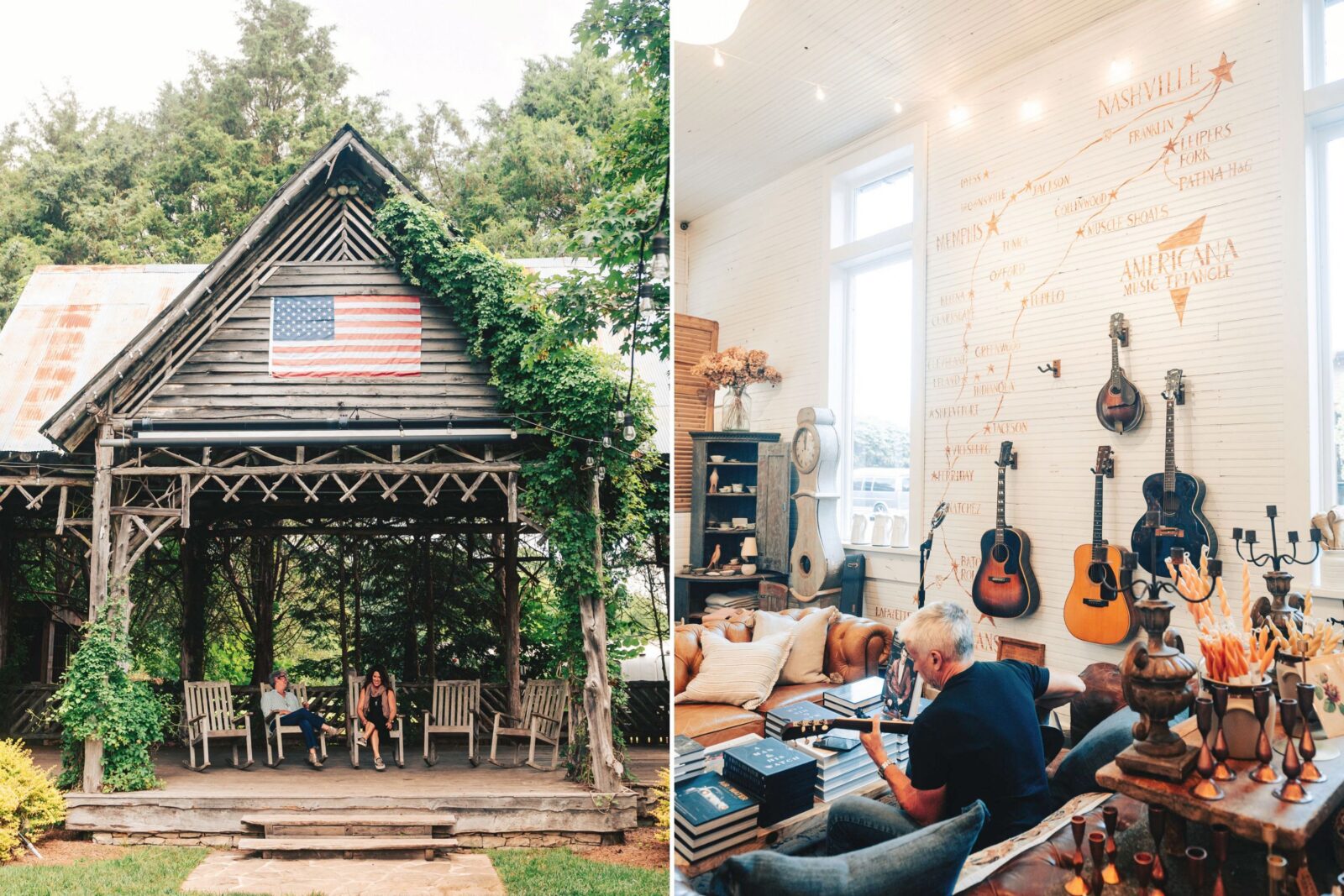 An outdoor wood structure with chairs; a shop with guitars