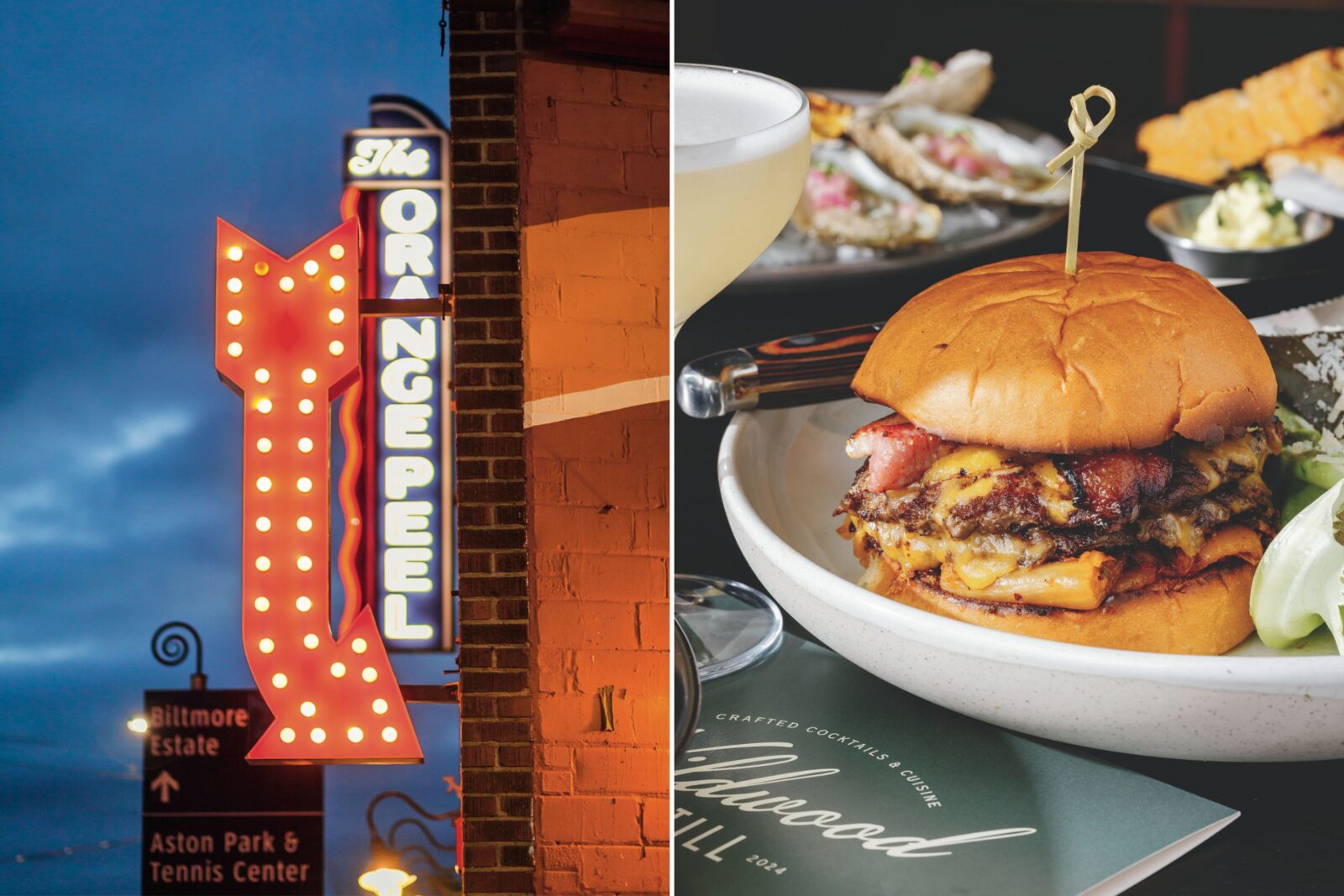 The welcome beacon at the Orange Peel in Asheville; a burger