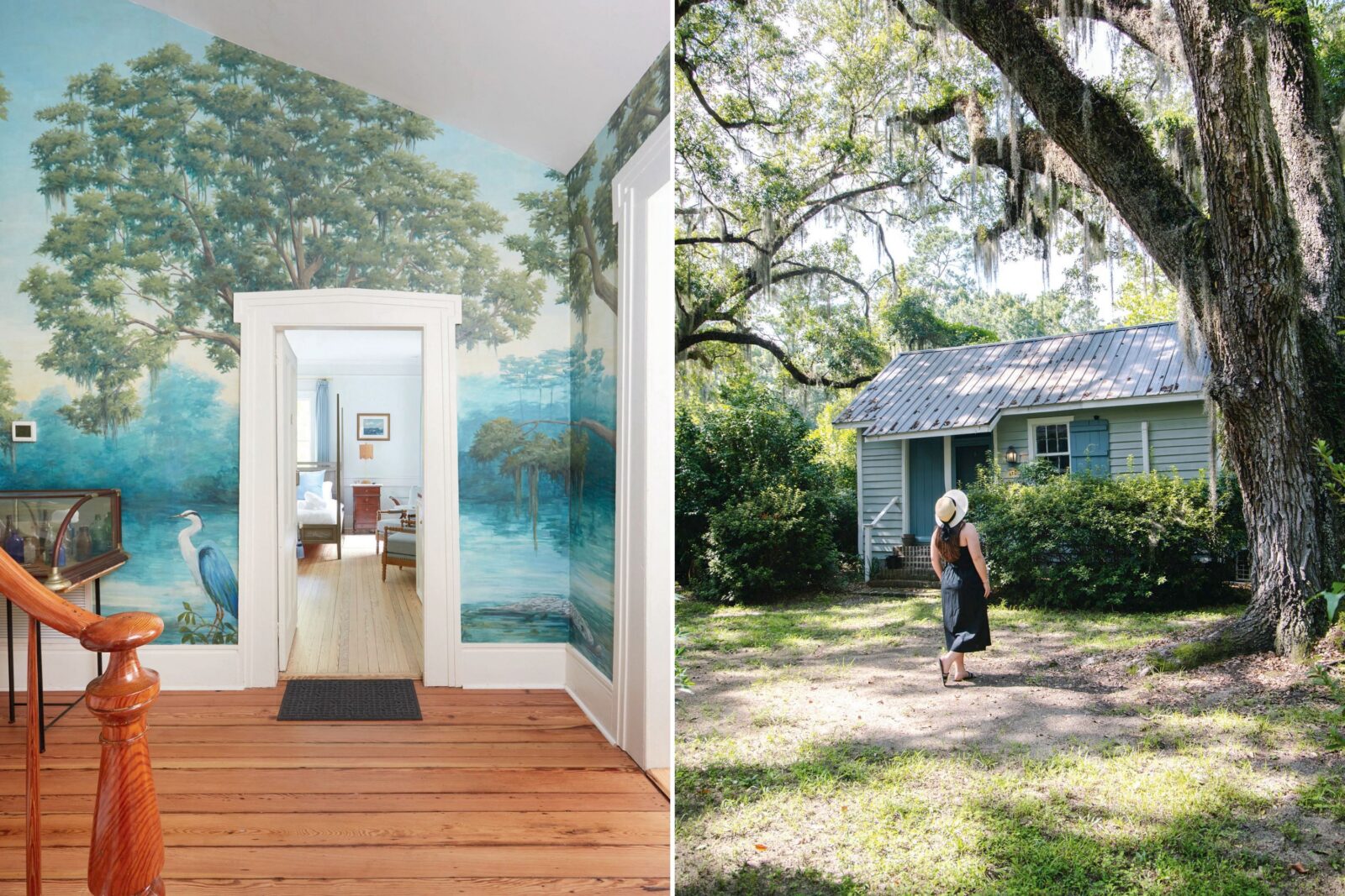 A painted coastal mural on a wall in a foyer; a woman walks through a shaded outdoor area