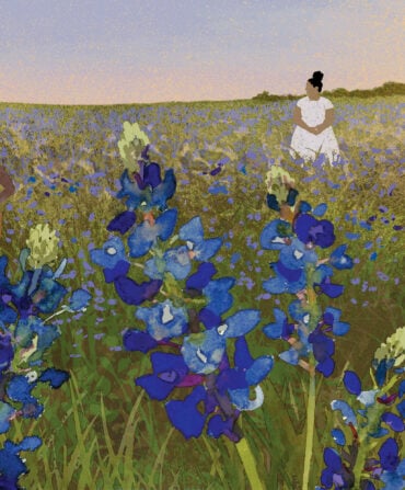 An illustration of a woman in a bluebonnet field